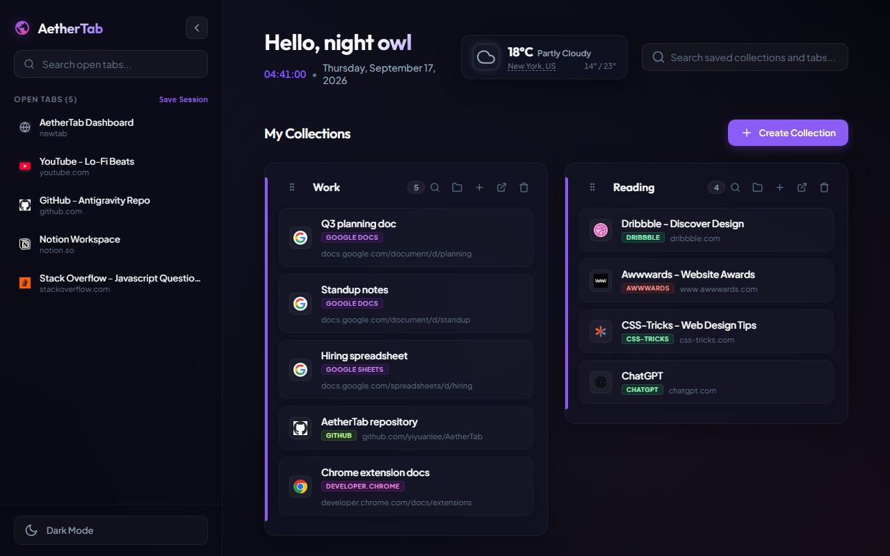 AetherTab dark new tab dashboard with open tabs in the sidebar and saved collections
