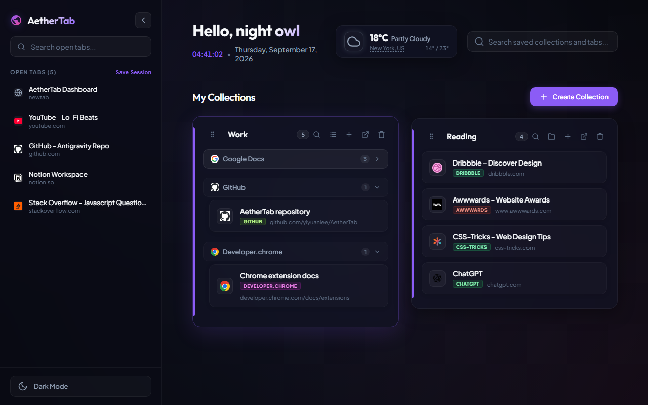 AetherTab collection with saved tabs grouped by website