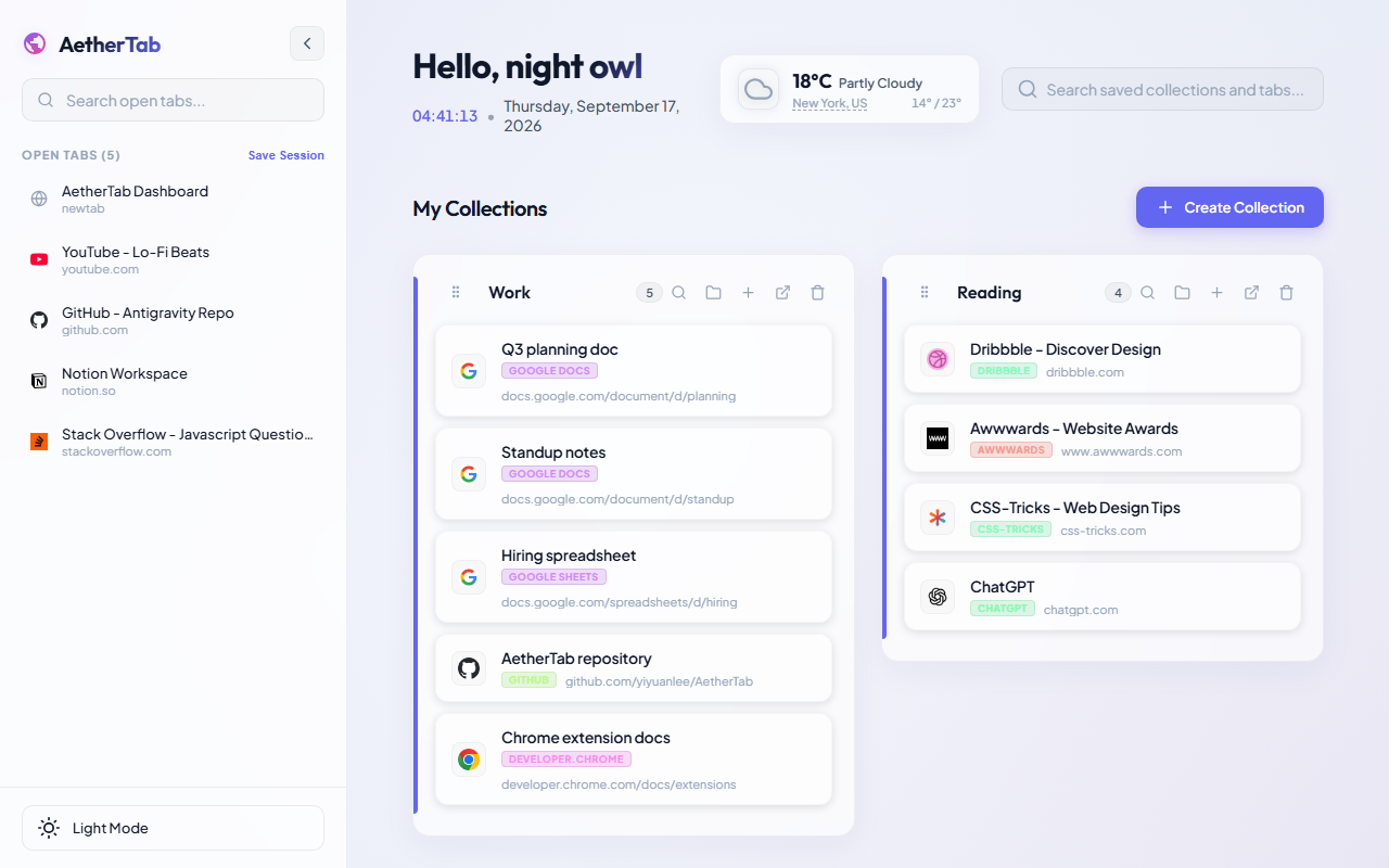 AetherTab Chrome tab manager: open tabs in the sidebar and saved collections on the new tab page