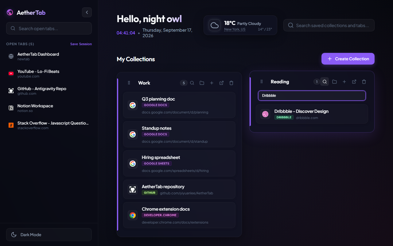 Collection card search filtering saved tabs inside AetherTab